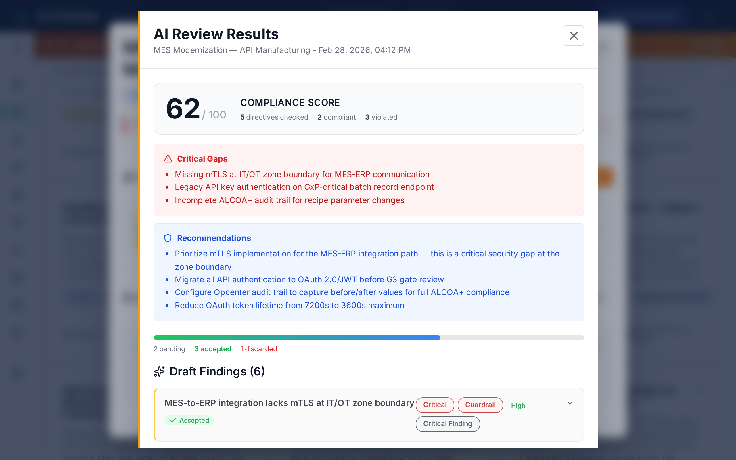 AI-powered review results with findings