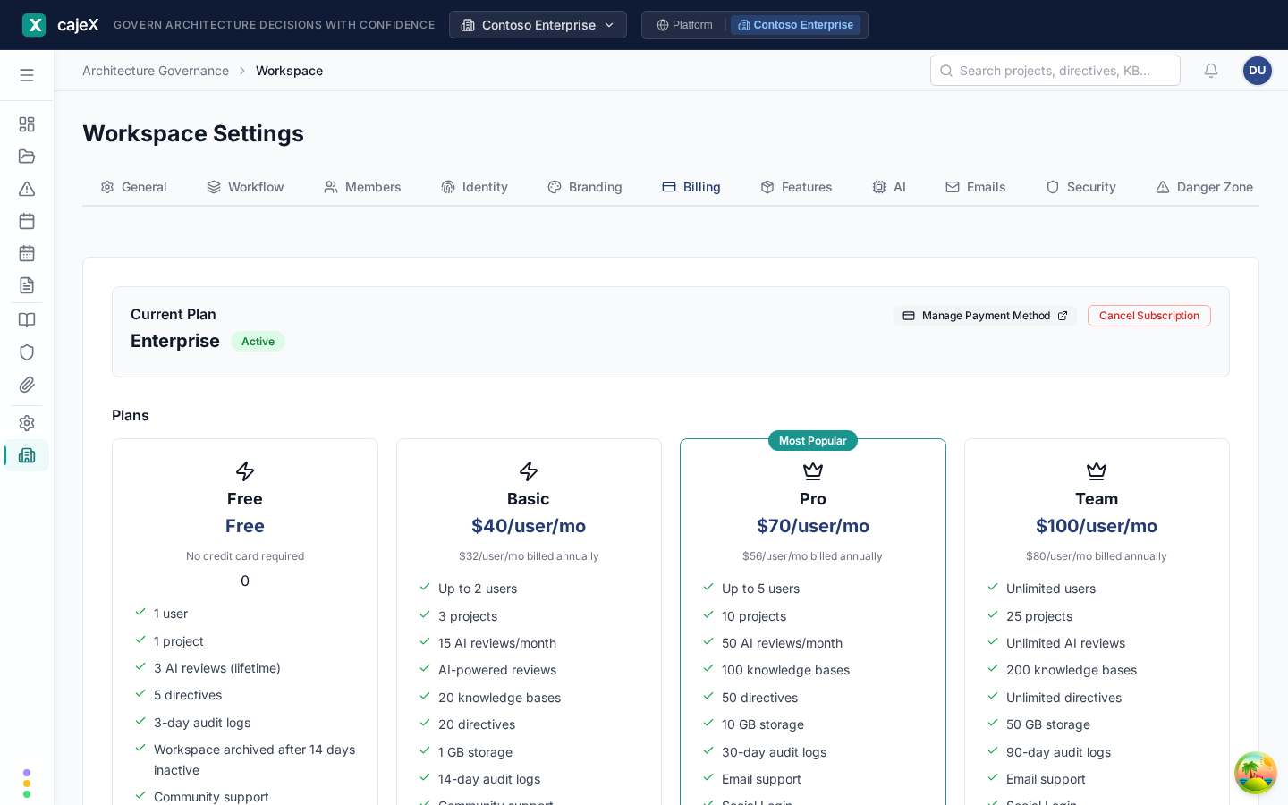 Workspace billing settings showing current plan and Stripe-powered Free, Basic, Pro, and Team plan tiers